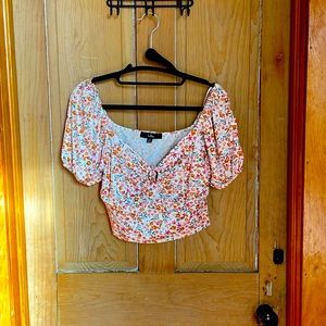 Lulus A Floral Fling ivory floral tie-front, puff-sleeve crop top